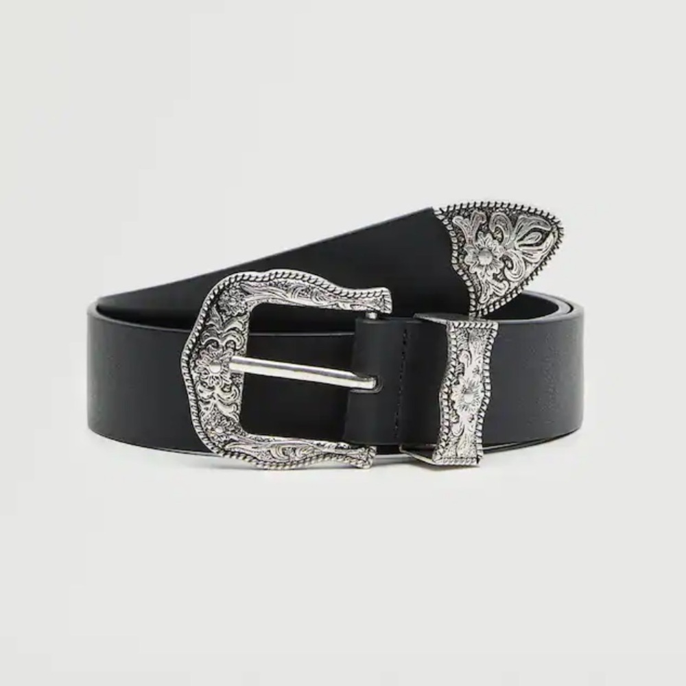 New • MANGO Black Faux Leather Belt with Silver Buckle